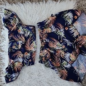 Off Shoulder Tropical Top & Wrap Hem Shorts
